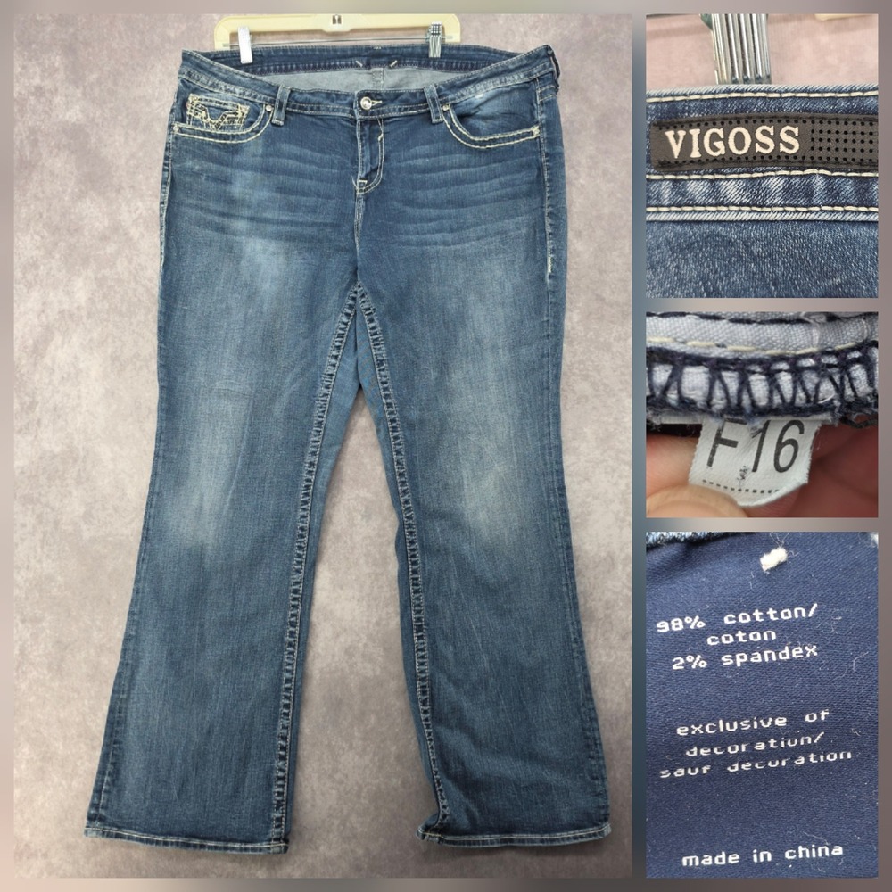 Vigoss Womens Bootcut Jeans Medium Wash Rhinestone Contrast Stitch Denim 46W